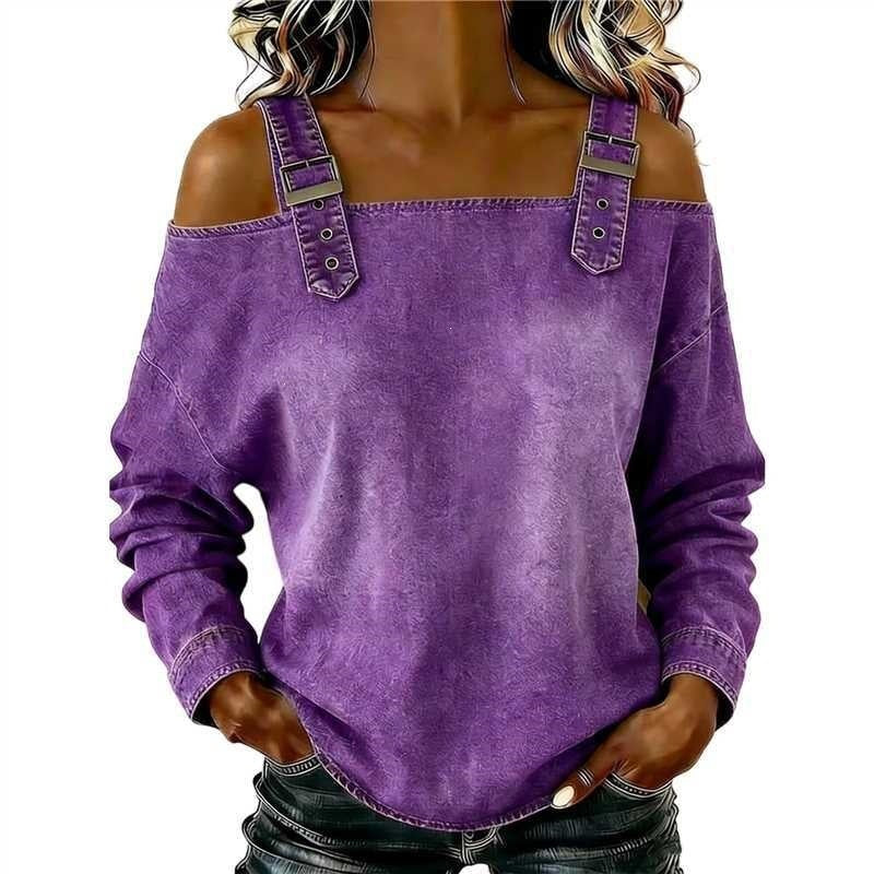 Women's Off Shoulder Denim Buckle Strap Long Sleeve Top
