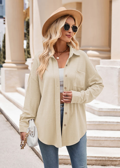 Women’s Casual Loose Fit Button Down Waffle Knit Shirt Jacket