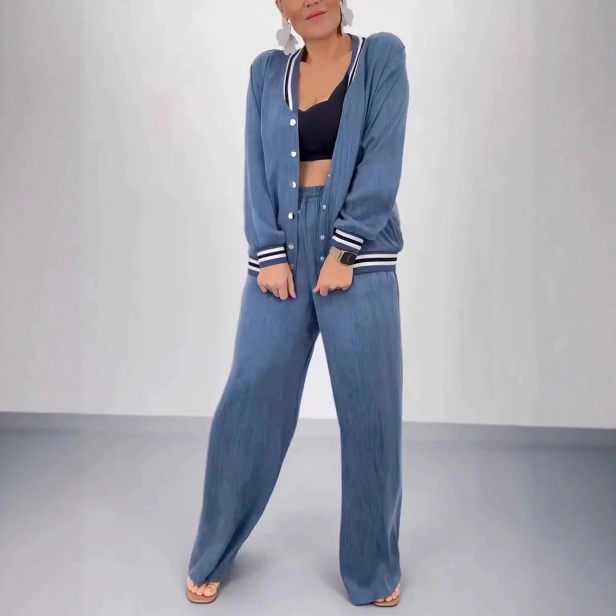 Women Casual Cardigan Wide Leg Pants Matching Set