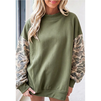 Oversized Camo Sleeve Mock Neck Fleece Sweatshirt