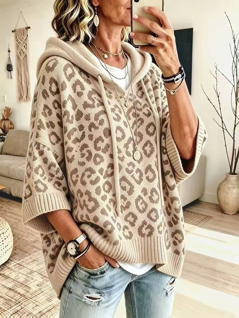 Oversized Leopard Print Hooded Knit Sweater Pullover