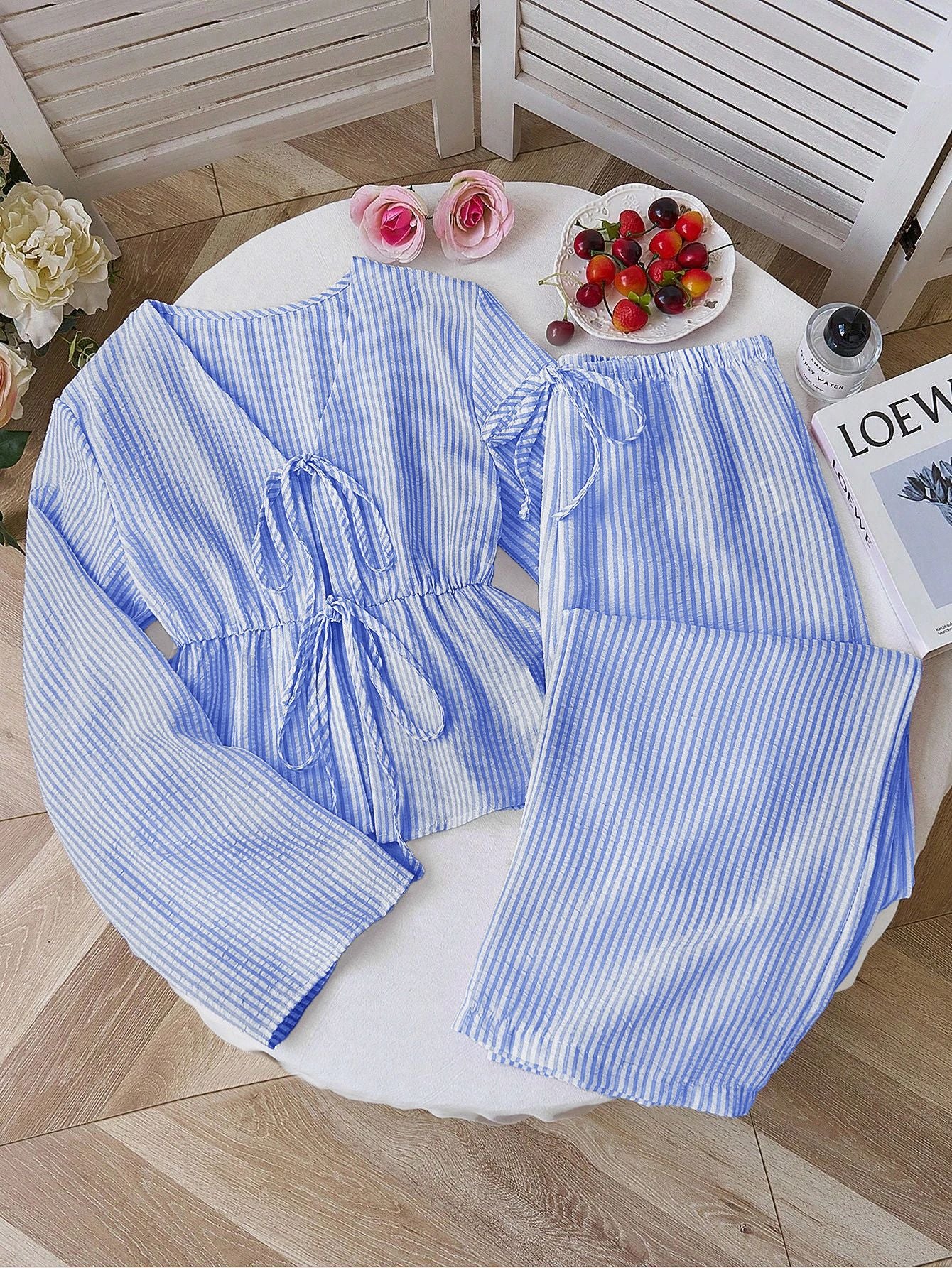 Striped Tie Front Top Wide Leg Pants Matching Set