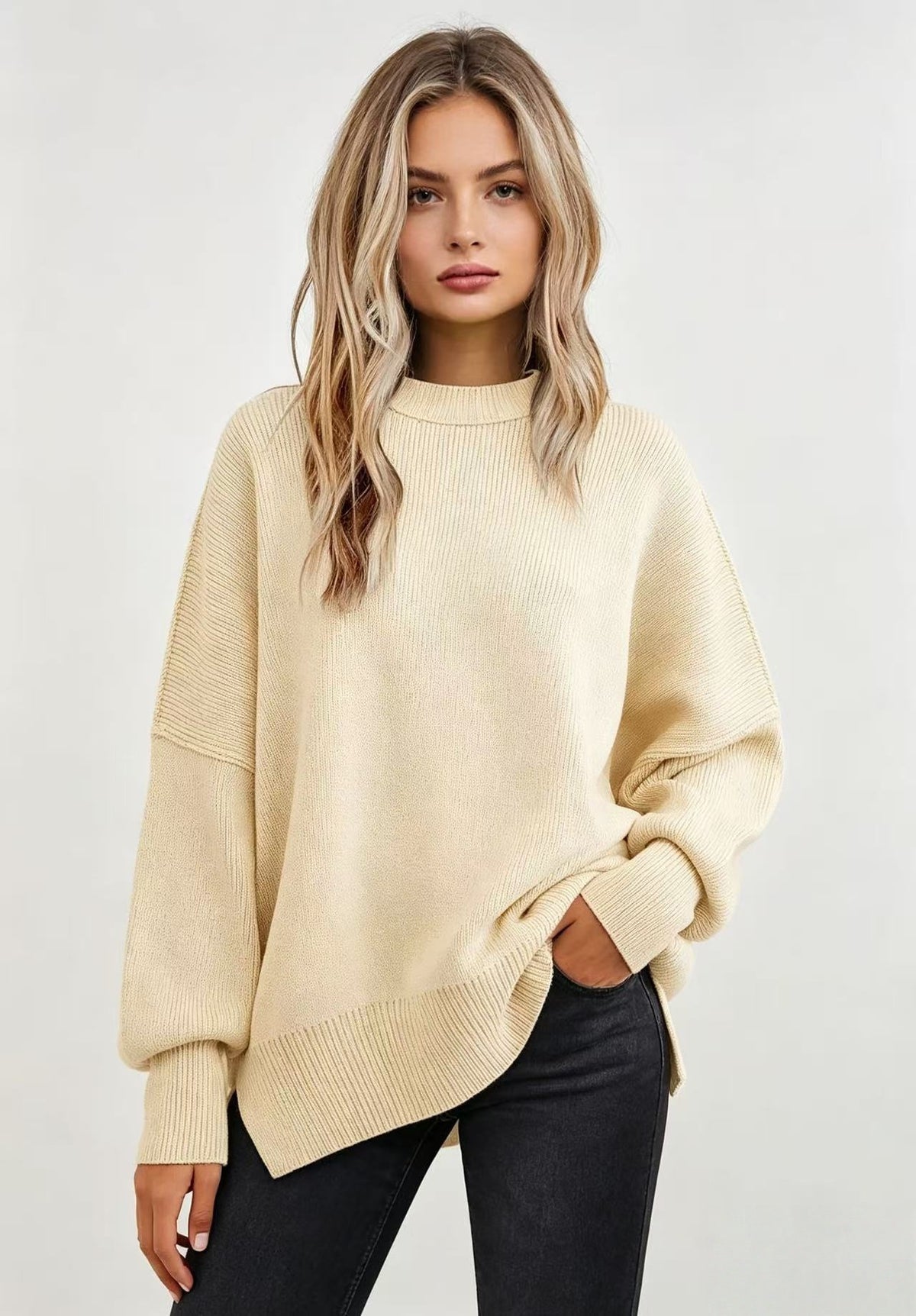 Women's Oversized Batwing Sweater Side Slit Pullover