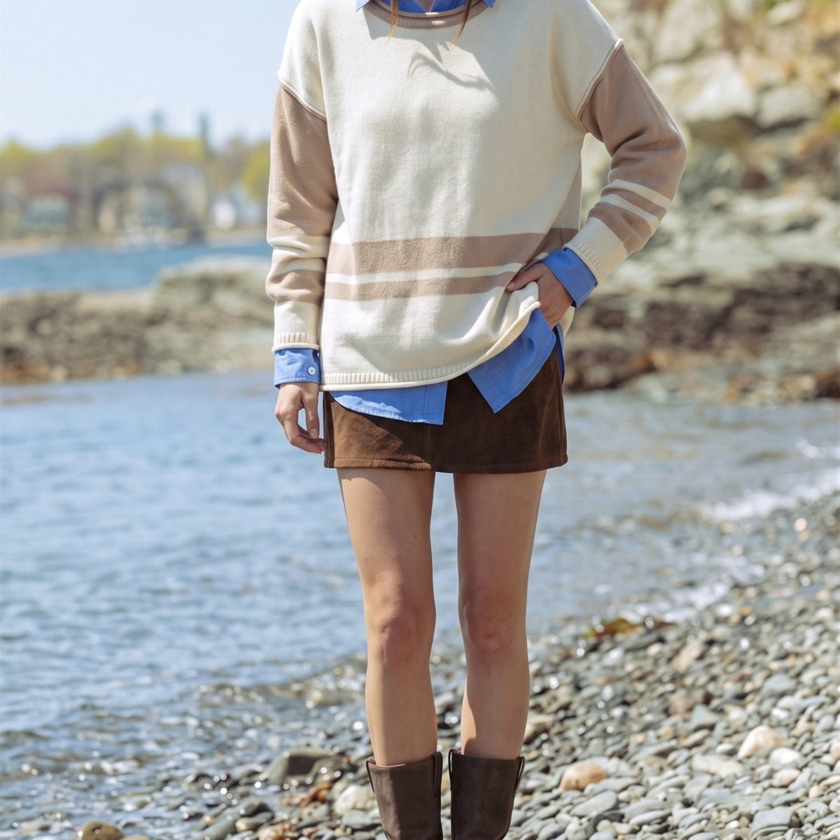 Women's Oversized Color Block Striped Crewneck Sweater