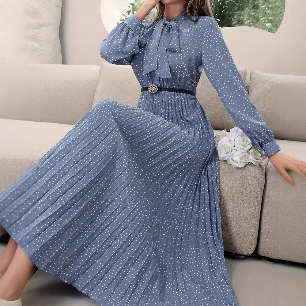 Women's Polka Dot Pleated Maxi Dress Tie Neck Long Sleeve