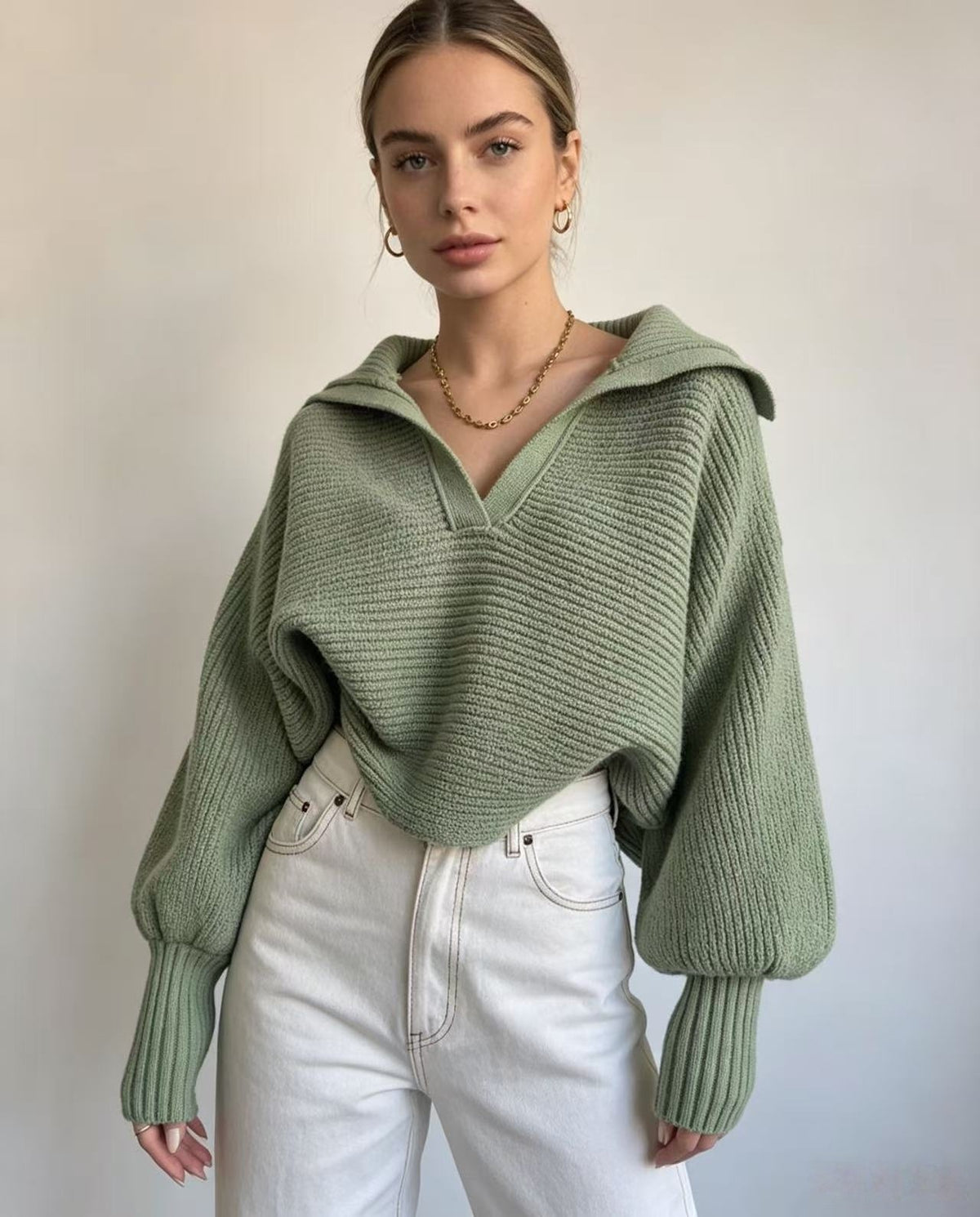 Chunky Knit Collared Balloon Sleeve Sweater