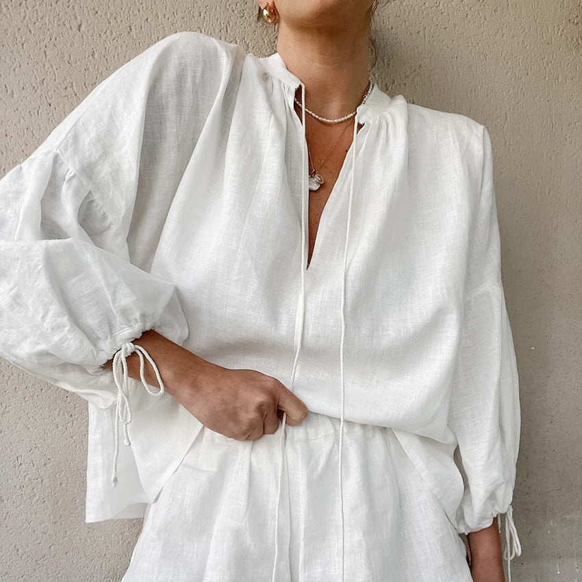 Cotton Linen Balloon Sleeve Tie Front Shorts Set
