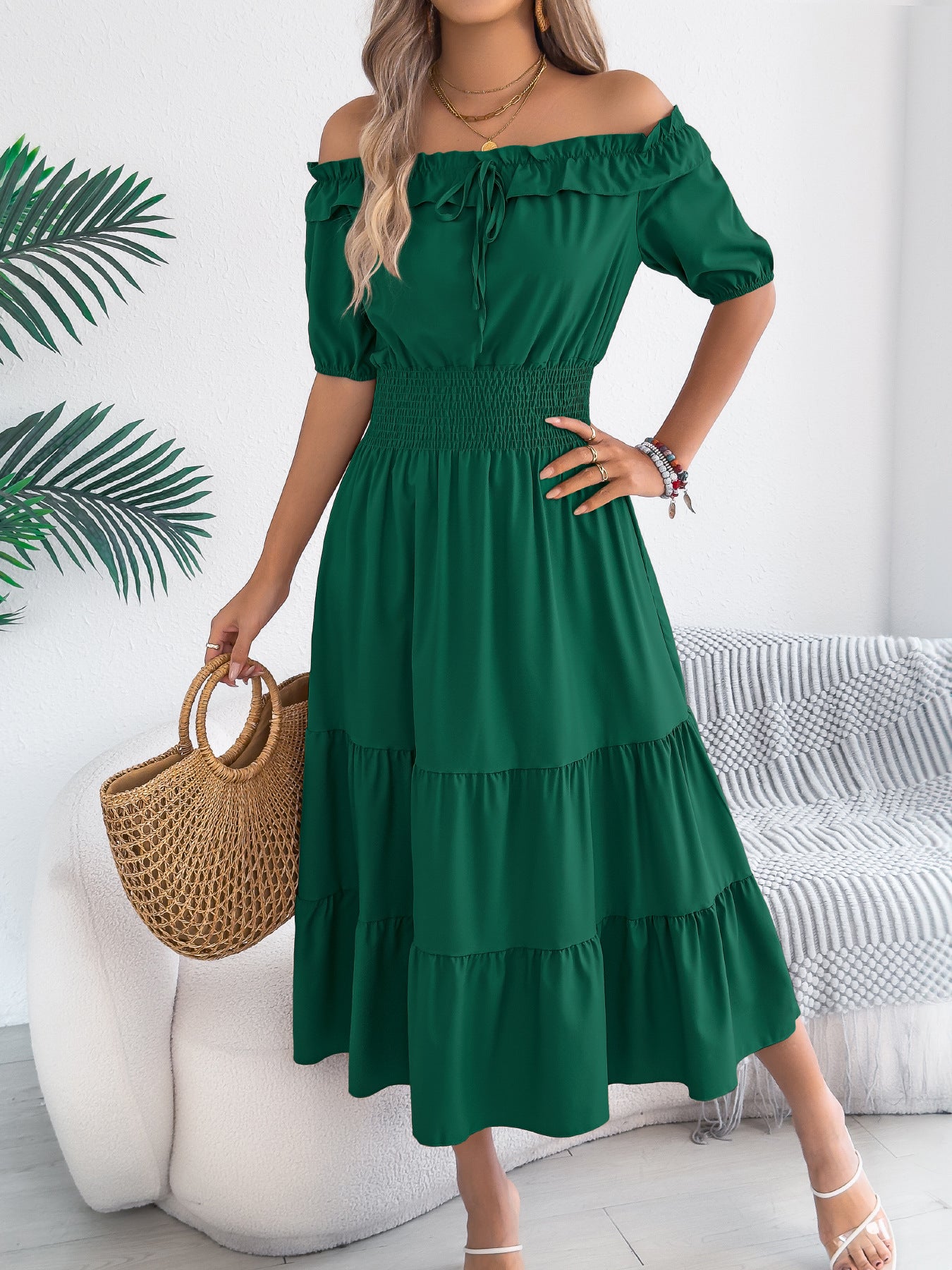 Off Shoulder Smocked Waist Maxi Dress Ruffle Sleeve