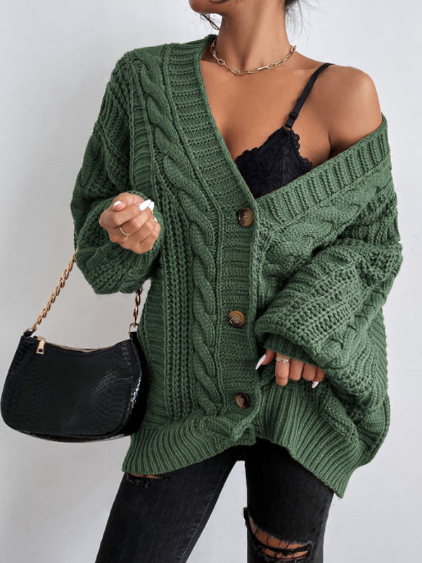 Women's V Neck Cable Knit Lantern Sleeve Cardigan