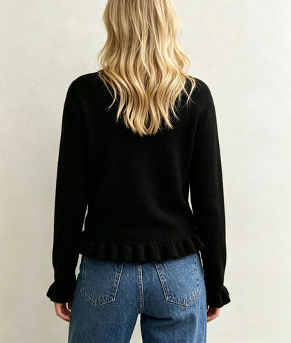 Ruffle Hem Knit Sweater Crew Neck Long Sleeve Top