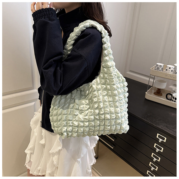 Textured Bubble Knit Shoulder Tote in Rose Pink