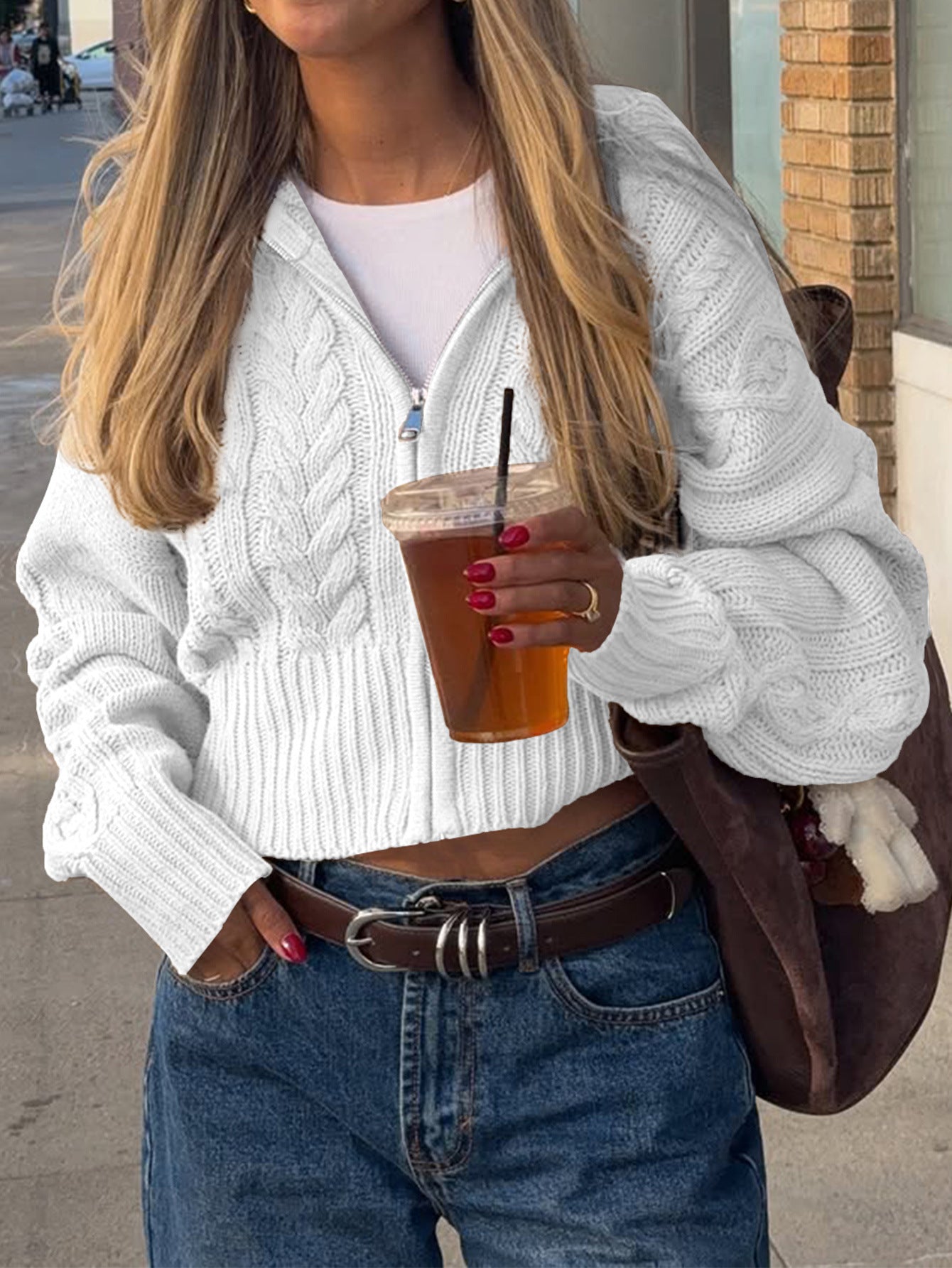 Women’s Solid Knit Zipper Hoodie Long Sleeve Cropped Sweater