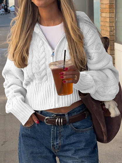 Women’s Solid Knit Zipper Hoodie Long Sleeve Cropped Sweater