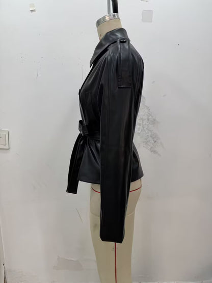 Women's Faux Leather Belted Cropped Lapel Jacket