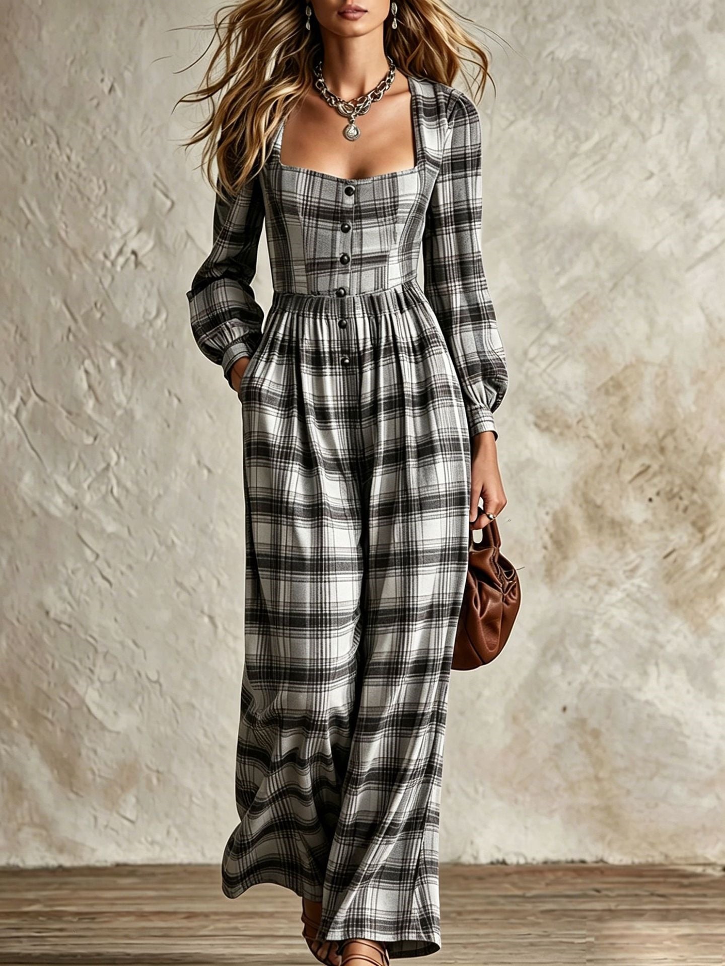 Vintage Plaid Square Neck Wide Leg Jumpsuit
