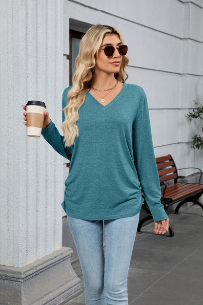 Women's V-Neck Long Sleeve Oversized Tunic Top Shirred
