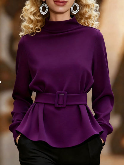 Women's Belted Fleece Peplum Mock Neck Pullover