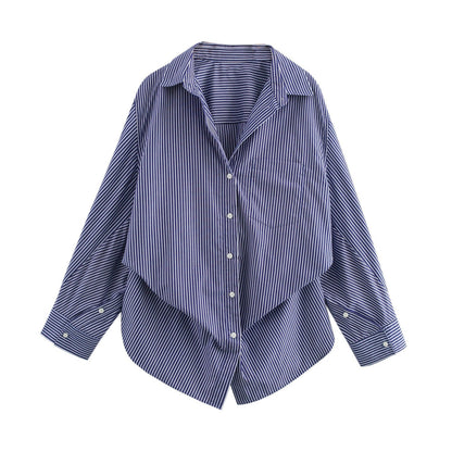 Oversized Striped Collared Shirt Long Sleeve Pocket
