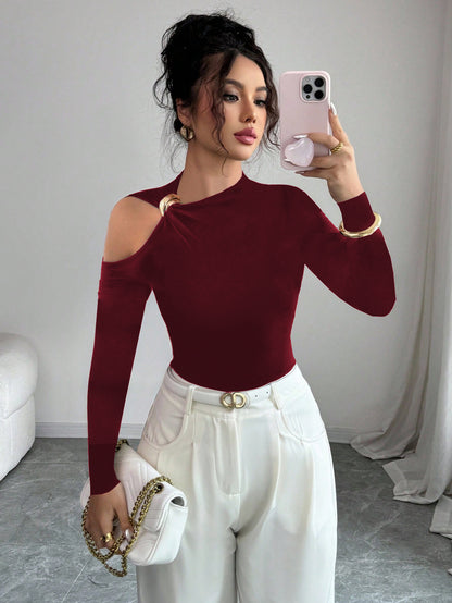 Asymmetrical One Shoulder Ring Long Sleeve Top