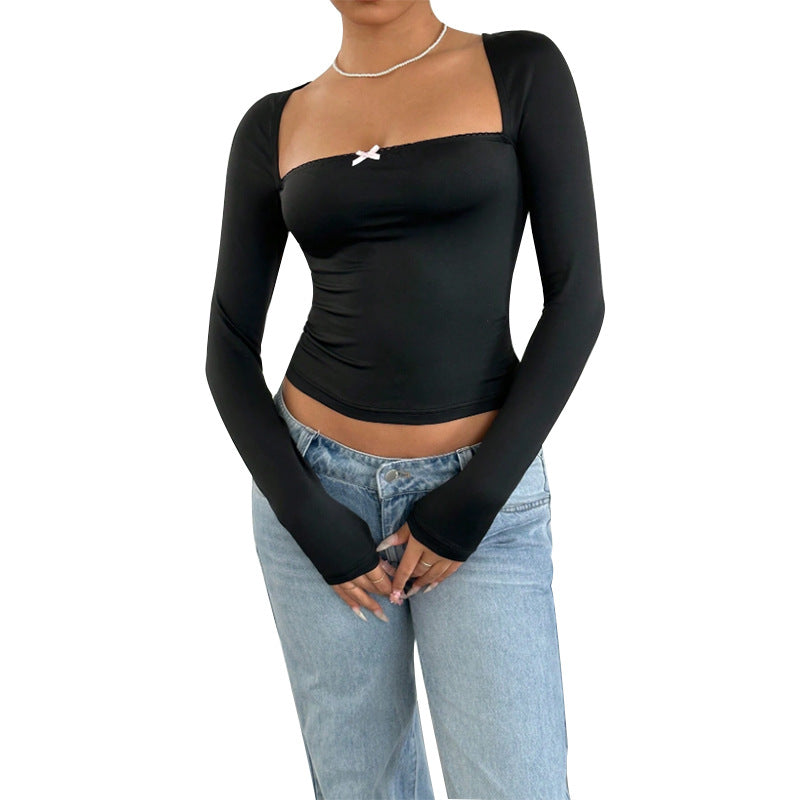 Square Neck Long Sleeve Fitted Top with Bow Detail