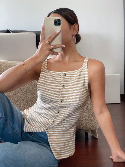 Striped Button Front Sleeveless Tank Summer Top