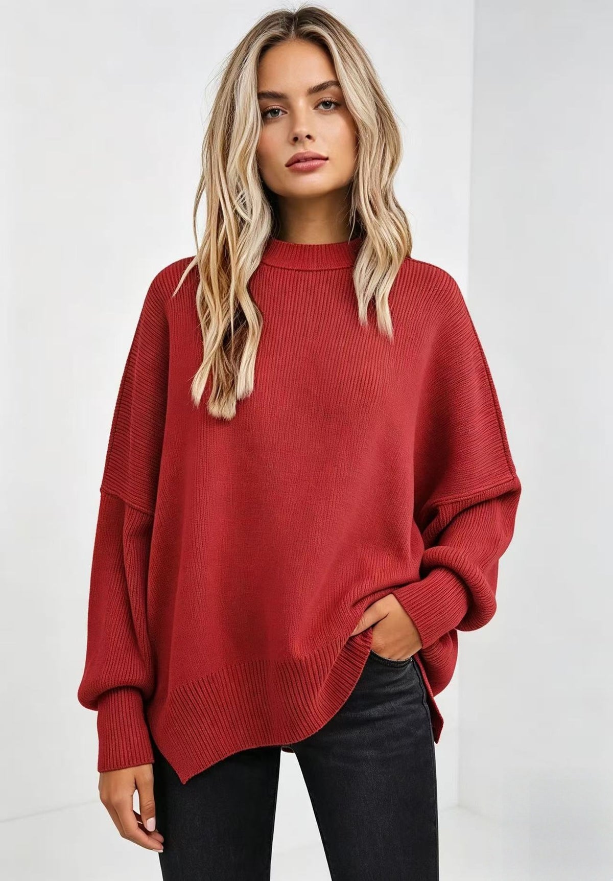 Women's Oversized Batwing Sweater Side Slit Pullover