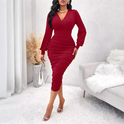 Women's Ruched V-Neck Puff Sleeve Midi Bodycon Dress