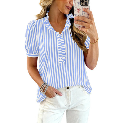 Striped Ruffle Trim Blouse V Neck Puff Sleeve Top