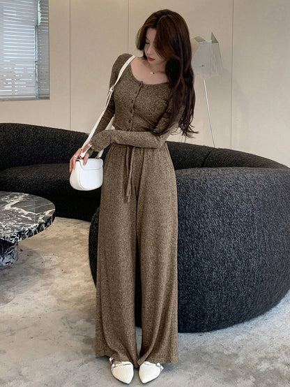 Women's Ribbed Two Piece Set Wide Leg High Waist Pants