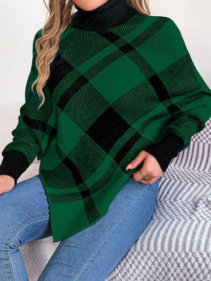 Women's Casual Plaid Turtleneck Long-sleeved Cape Sweater Christmas