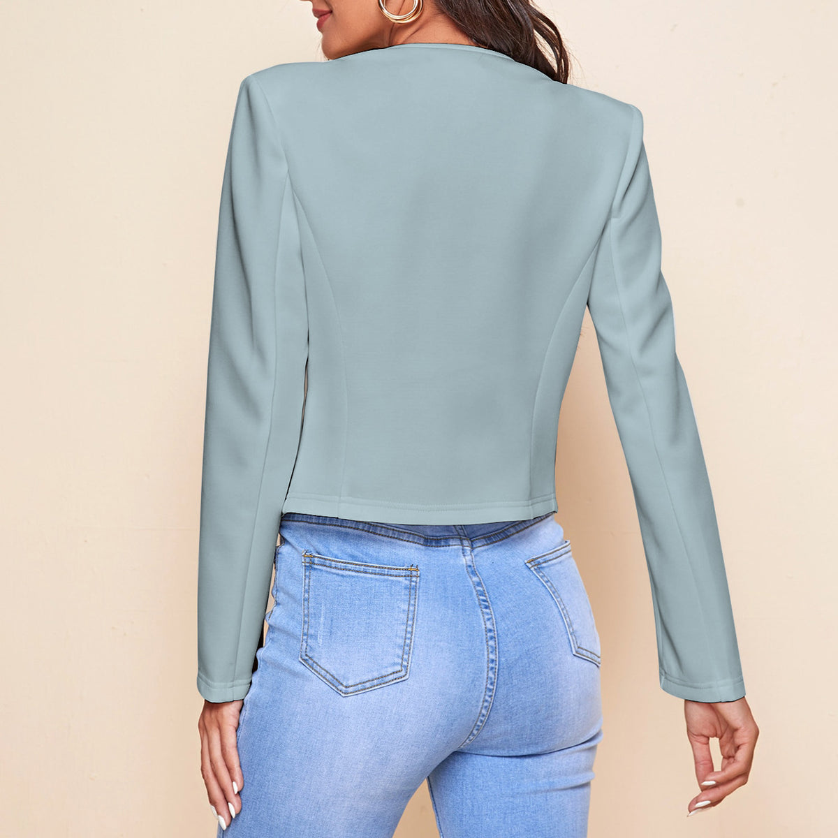 Women's Cropped Blazer Open Front Zip Pocket Jacket