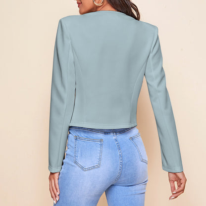 Women's Cropped Blazer Open Front Zip Pocket Jacket