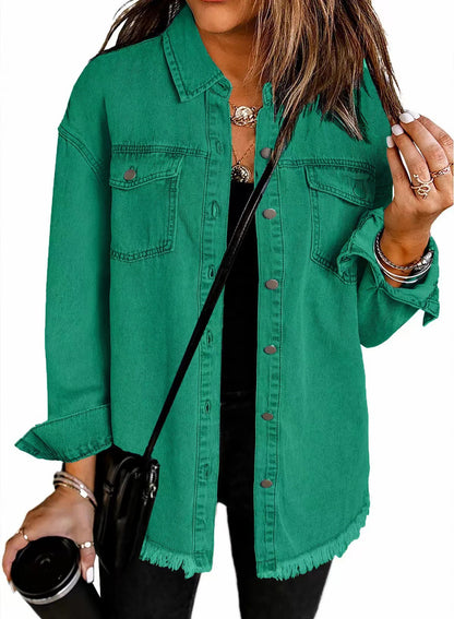 Women's Oversized Denim Shacket Frayed Hem Jacket