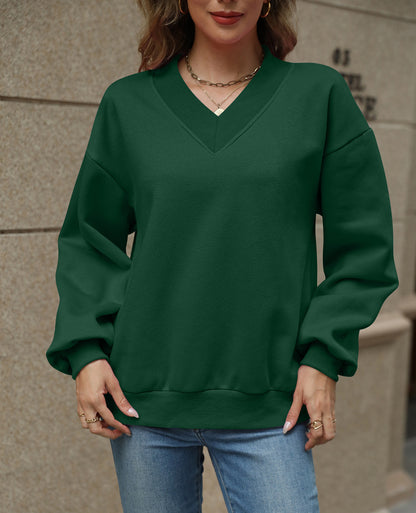 Colorblock V Neck Fleece Sweatshirt Women Casual Pullover Top