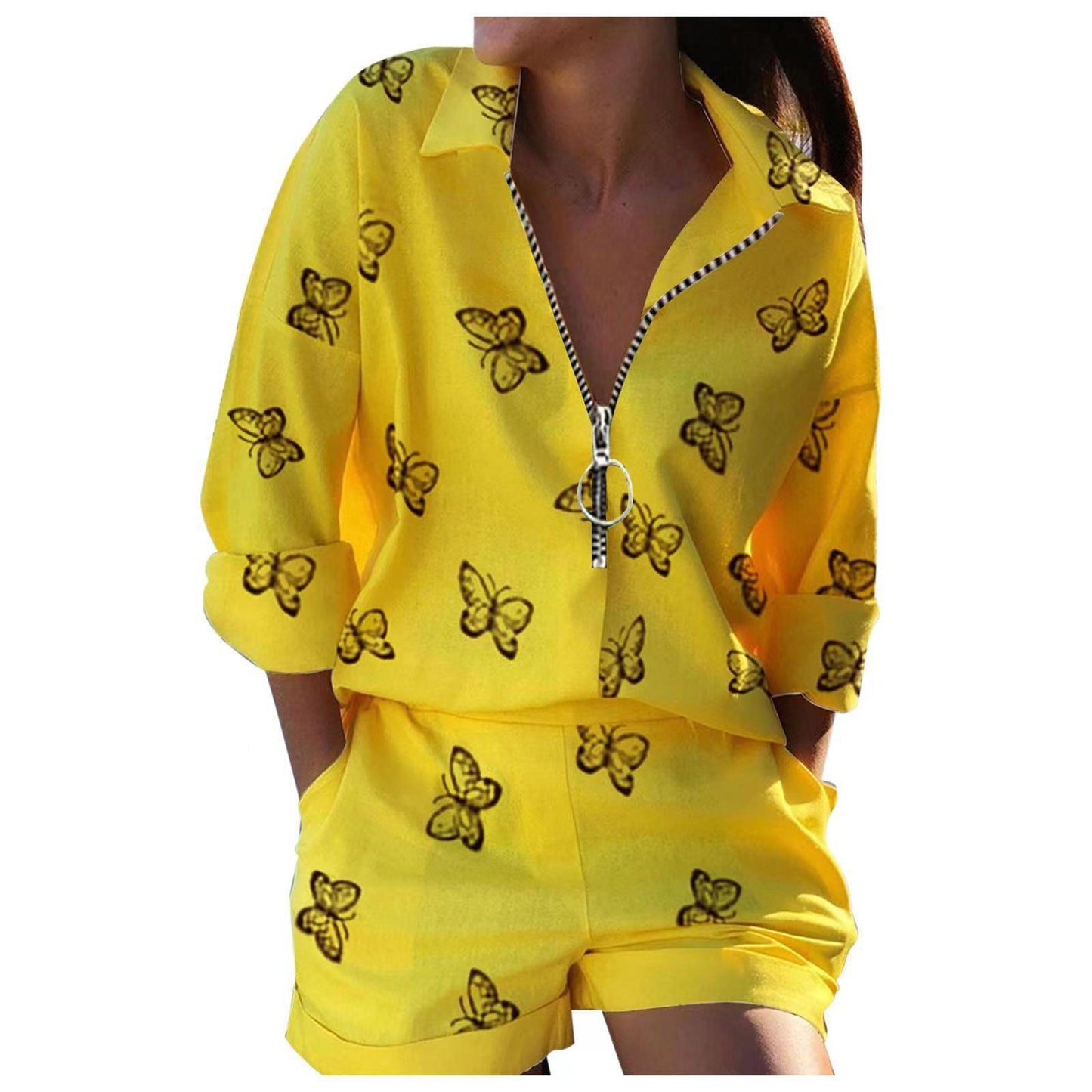 Women's Boho Printed Zip Up Top and Shorts Set