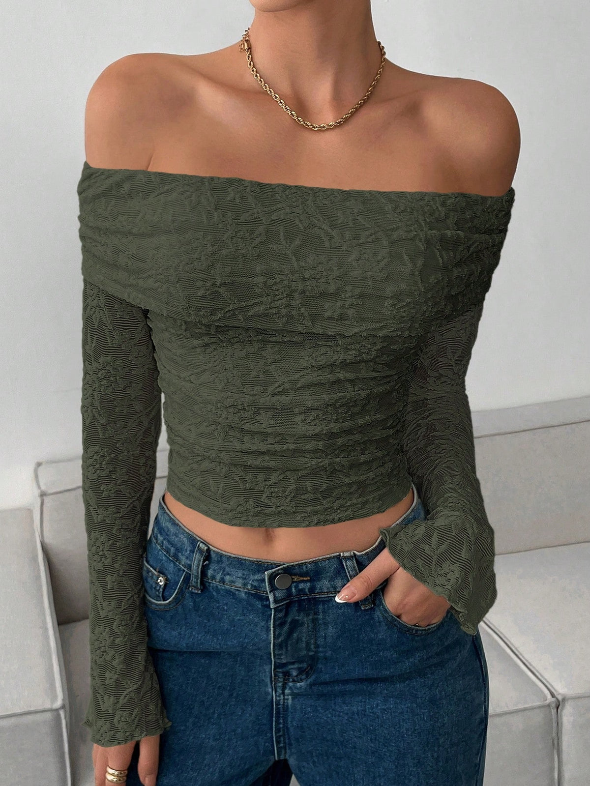 Women's Off Shoulder Floral Lace Backless Long Sleeve Top