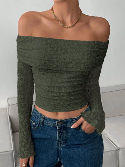 Women's Off Shoulder Floral Lace Backless Long Sleeve Top