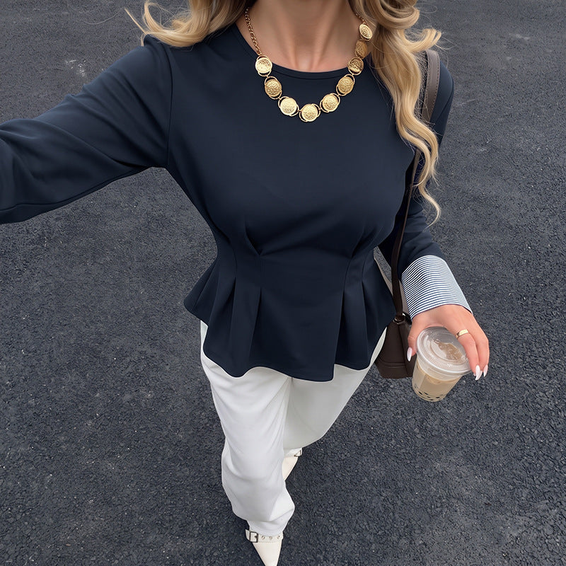 Contrast Cuff Pleated Waist Peplum Long Sleeve Top