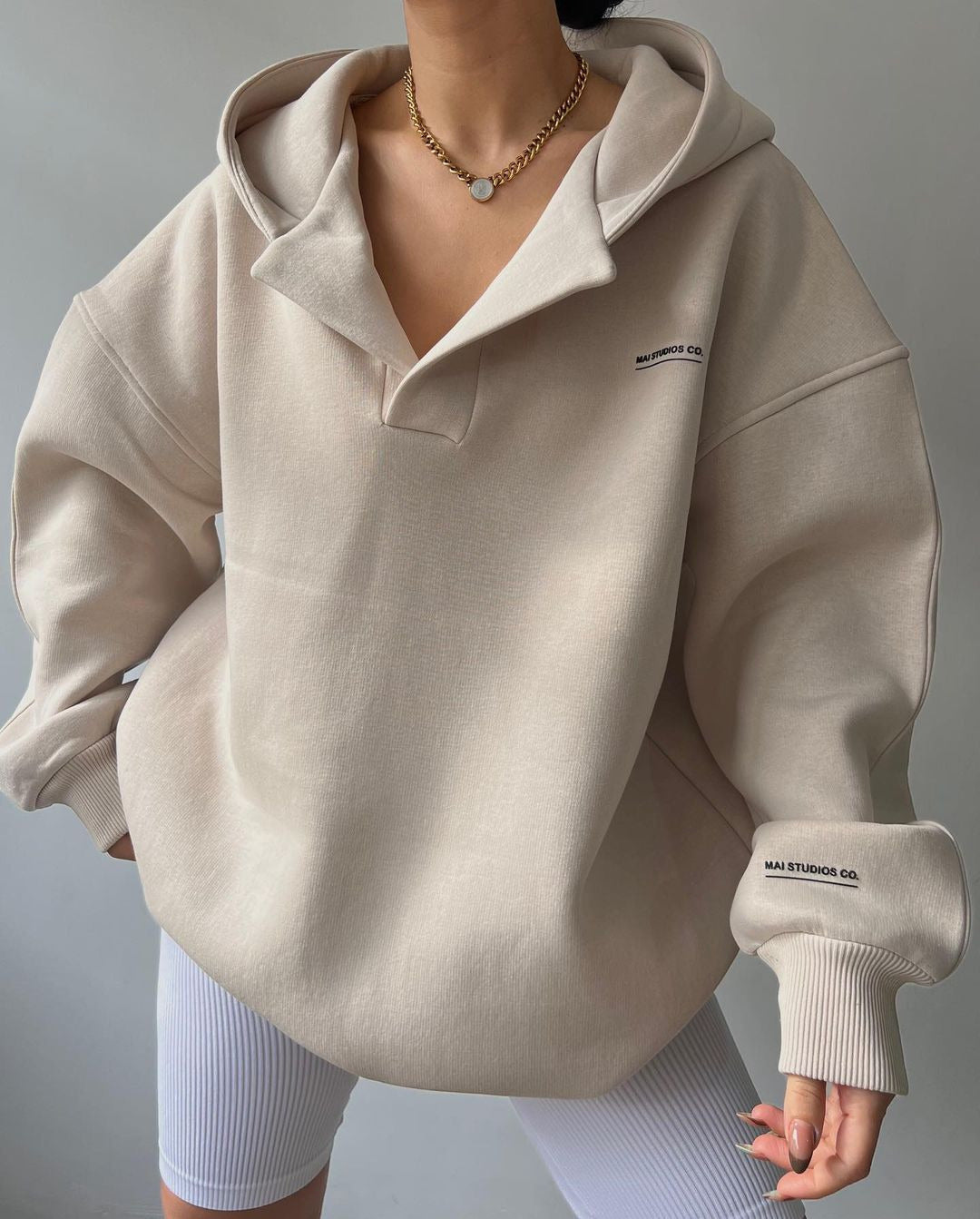 Womens Oversized Fleece V-Neck Hoodie Pullover