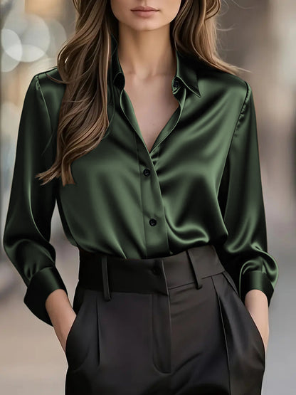 Women's Satin Button Down Shirt Long Sleeve Work Blouse