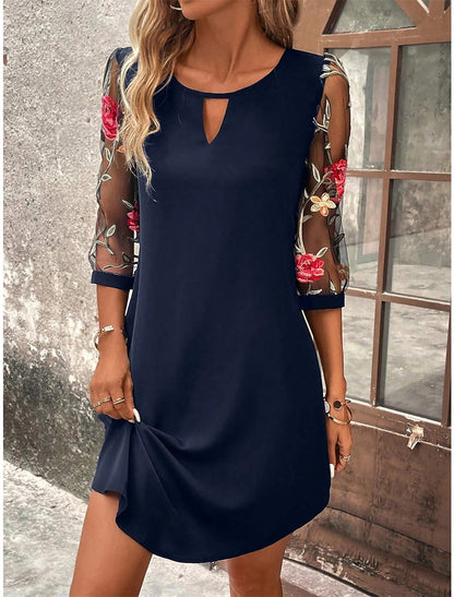 Women's Embroidered Mesh Sleeve A-Line Summer Dress