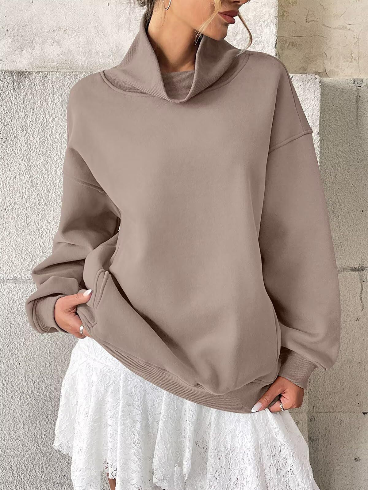 Fleece Mock Neck Oversized Sweatshirt Casual Pullover