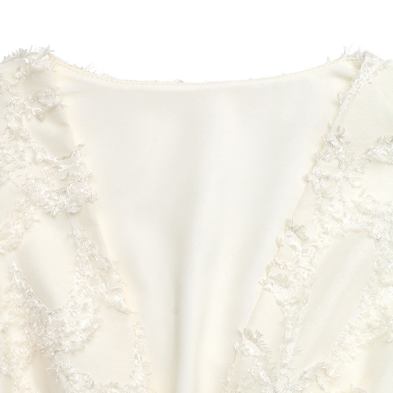 Textured Jacquard V Neck Mini Dress Puff Sleeve Sundress