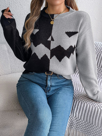 Ghost Pumpkin Colorblock Long Sleeve Sweater for Fall & Halloween
