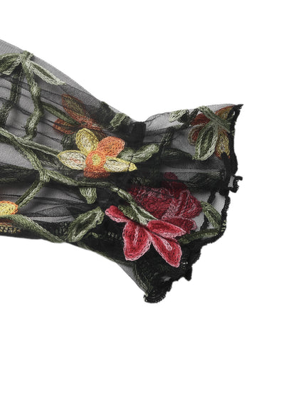 Floral Embroidered Mesh Bodysuit Sheer Sleeve Top