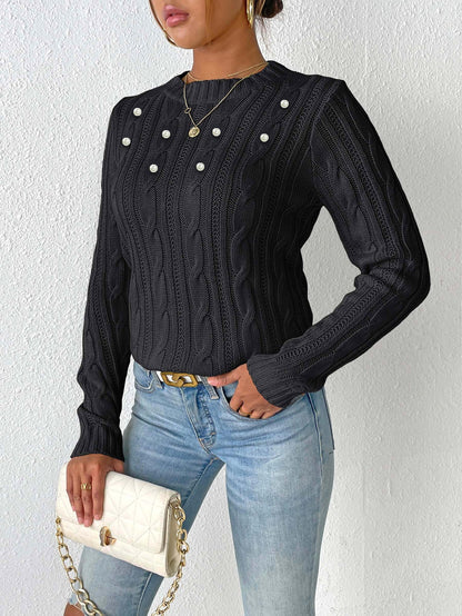 Women's Crew Neck Women's Top Simple Bottom Shirt Pearl Beads