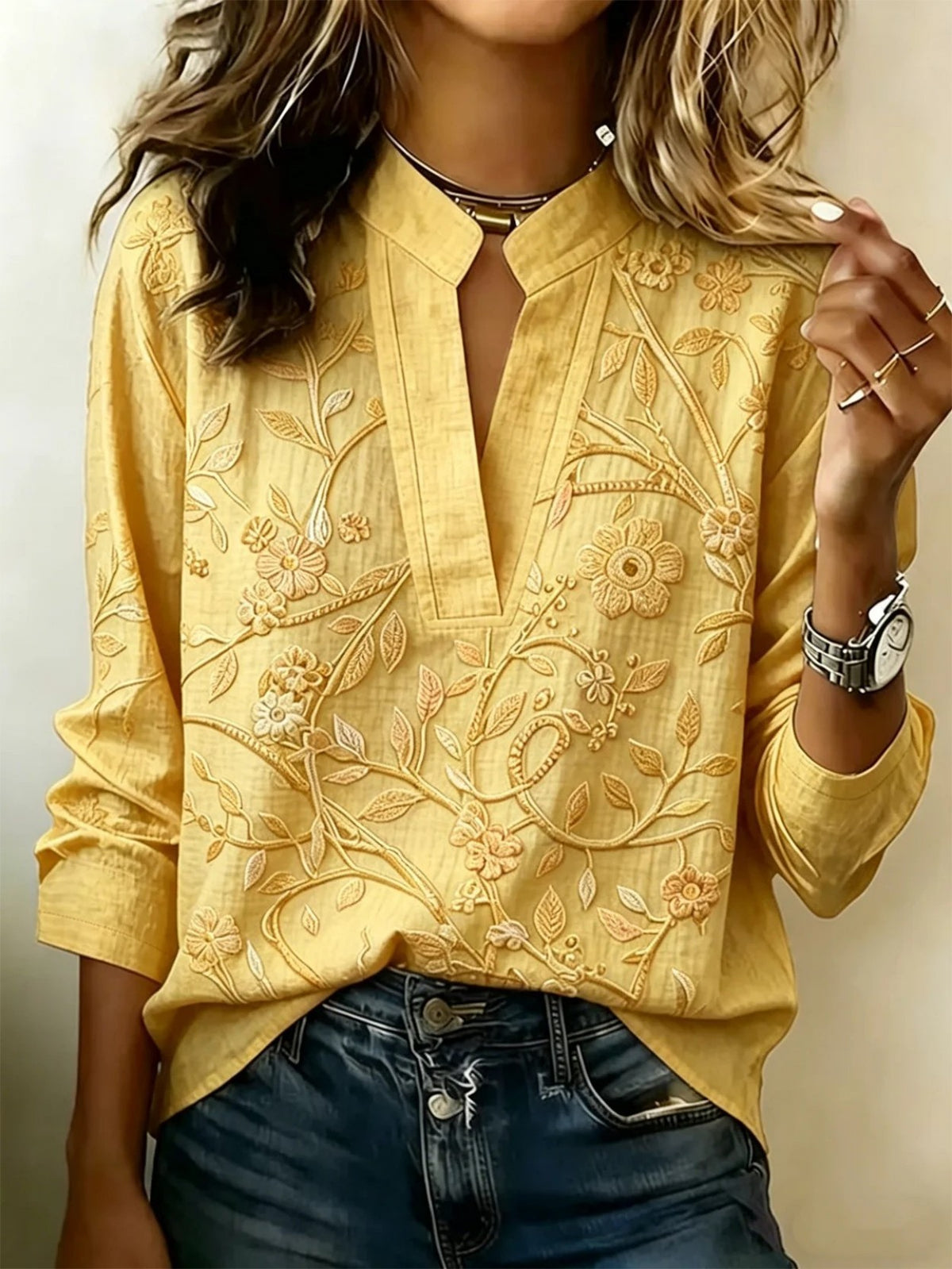 Women's V-Neck Long Sleeve Textured Floral Casual Blouse