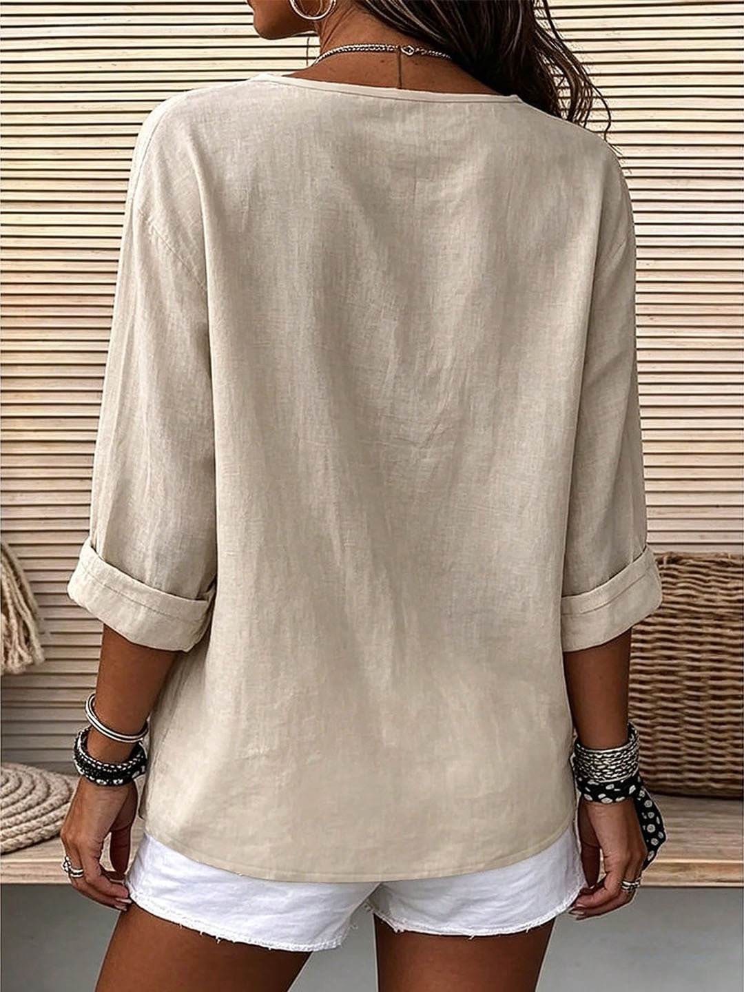 Women's V-Neck Button Front Relaxed Roll-Sleeve Blouse