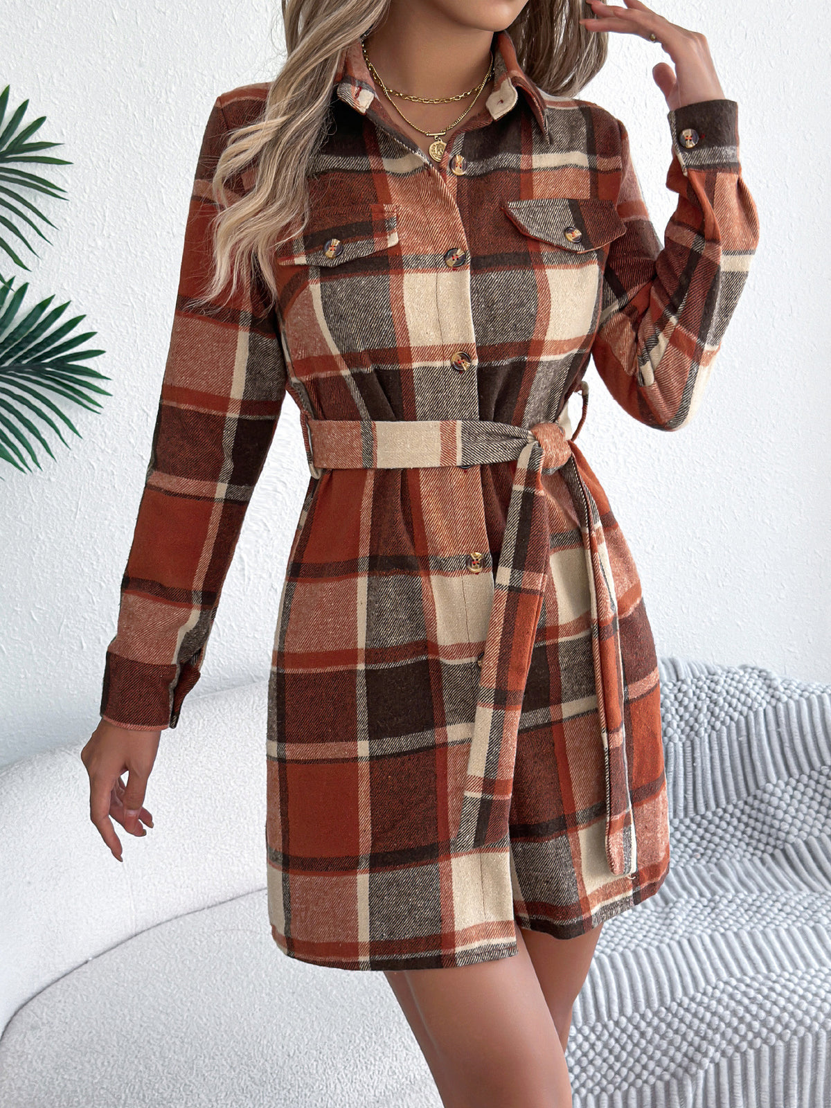 Plaid Shirt Dress Belted Long Sleeve Mini Casual