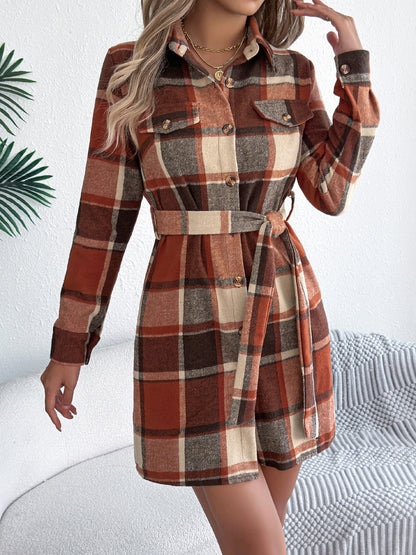 Plaid Shirt Dress Belted Long Sleeve Mini Casual